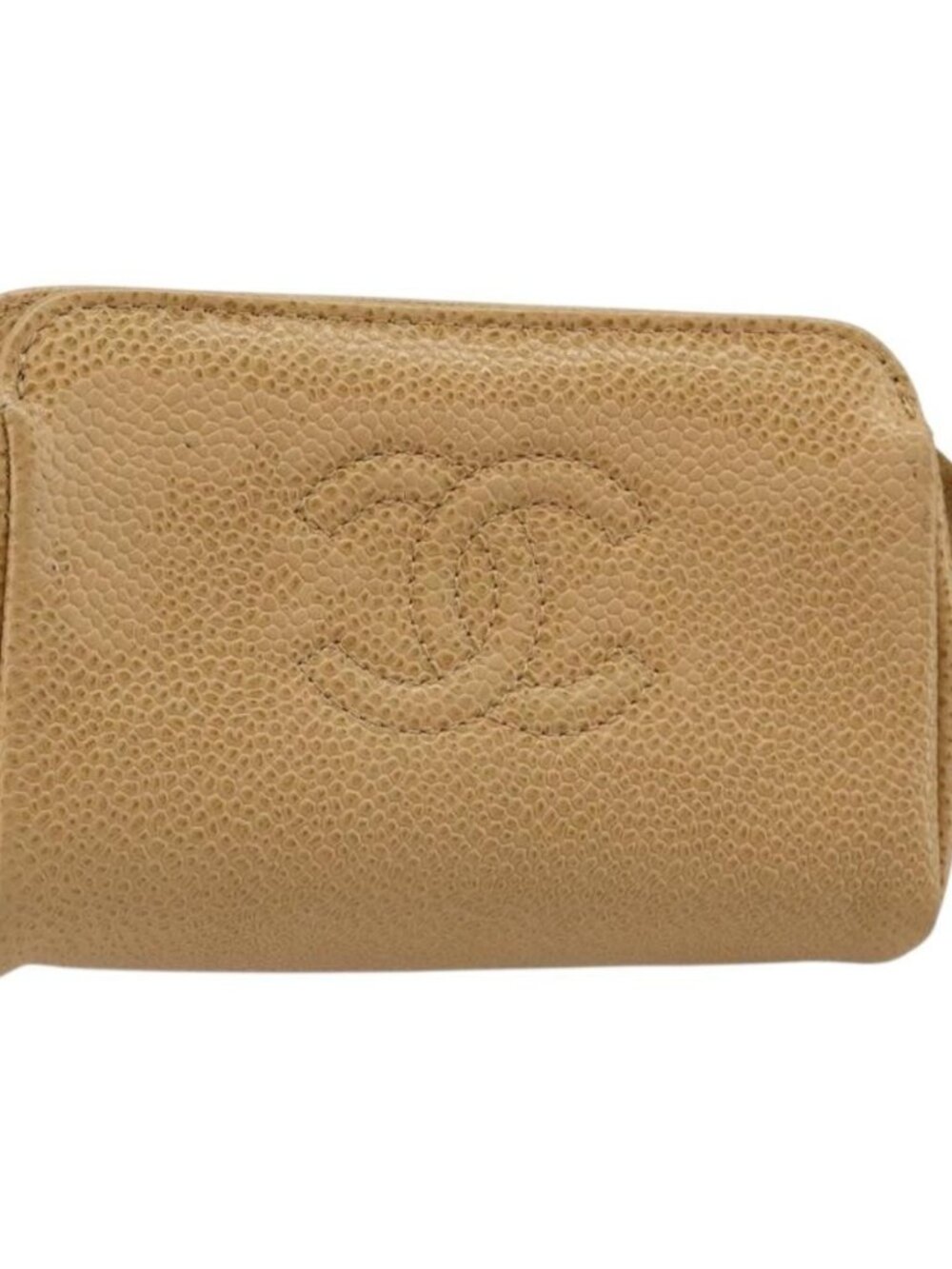 CHANEL Pouch Grained Calf Skin Beige Gold CC Auth 187168